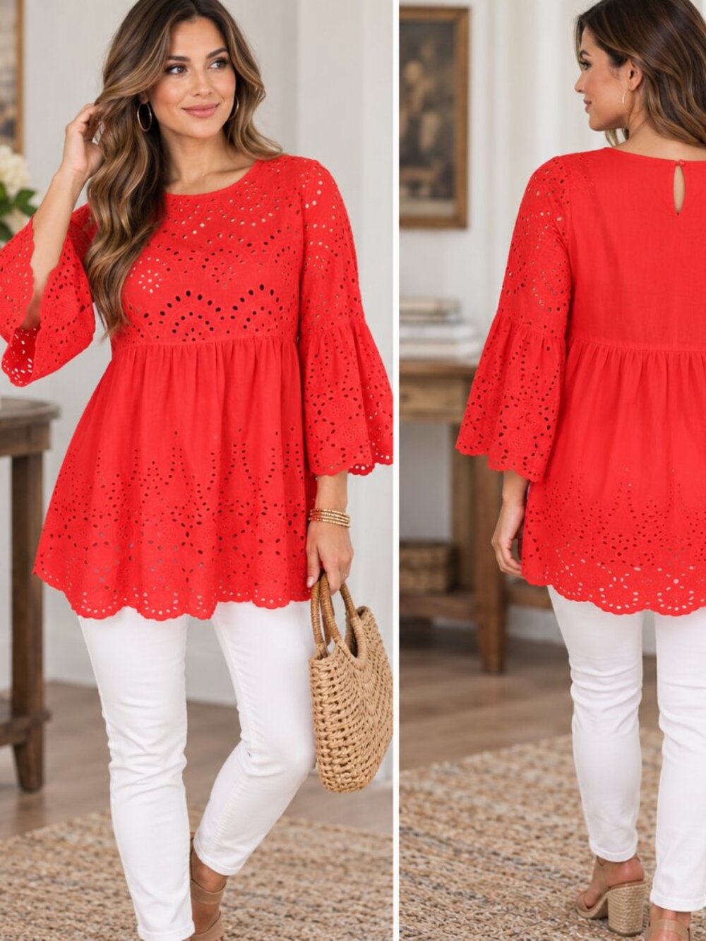 Red Eyelet Babydoll Top – NWT- Bell Sleeve Boho Feminine Blouse